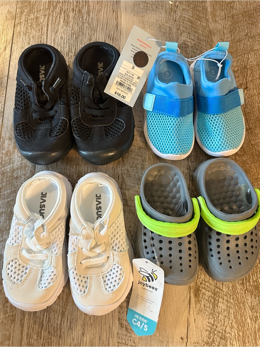 4 pair Kids Toddler 4/5 Slip-Ons, Clogs & Velcro water shoes- Size C4/5
